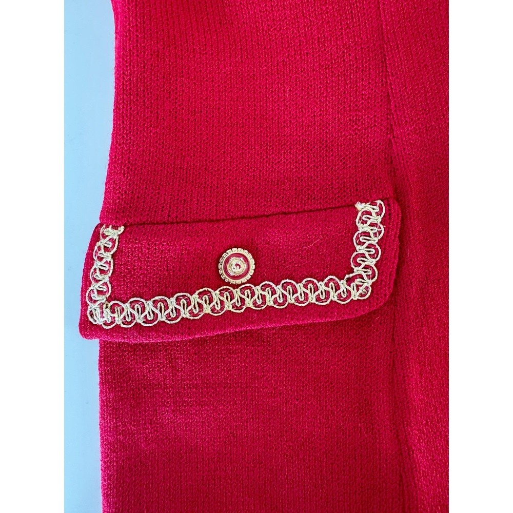 St. John Collection Red Knit Suit Set Gold Trim Double Breasted Blazer 12/10 - Picture 6 of 9